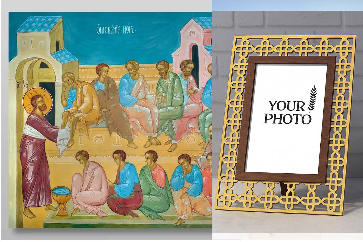 Εικόνα Ορθοδοξίας Πολυτελείας  με  σχεδιο Σταυρούς μαζι με  Βάση σε  8 χρώματα με περίγραμμα χρυσό σε ξύλο Plywood (Πλακάζ)   με  βάση Το πλύσιμο των ποδιών Χειροποίητη Ελληνορθόδοξη , Κρεμαστή πλάκα βυζαντινής τέχνης, χριστιανική τέχνη Διάσταση 40x30 cm