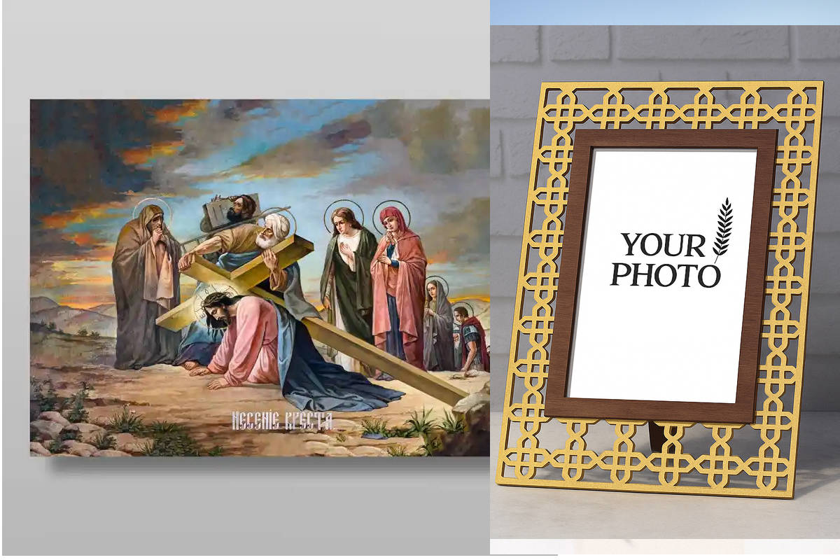 Εικόνα Ορθοδοξίας Πολυτελείας  με  σχεδιο Σταυρούς μαζι με  Βάση σε  8 χρώματα με περίγραμμα χρυσό σε ξύλο Plywood (Πλακάζ)   με  βάση Ο Σίμων ο Κυρηναίος βοηθά τον Ιησού να φέρει τον Σταυρό να κατεβάσει το για την  ορθόδοξων πινάκων.Χειροποίητη Ελληνορθό