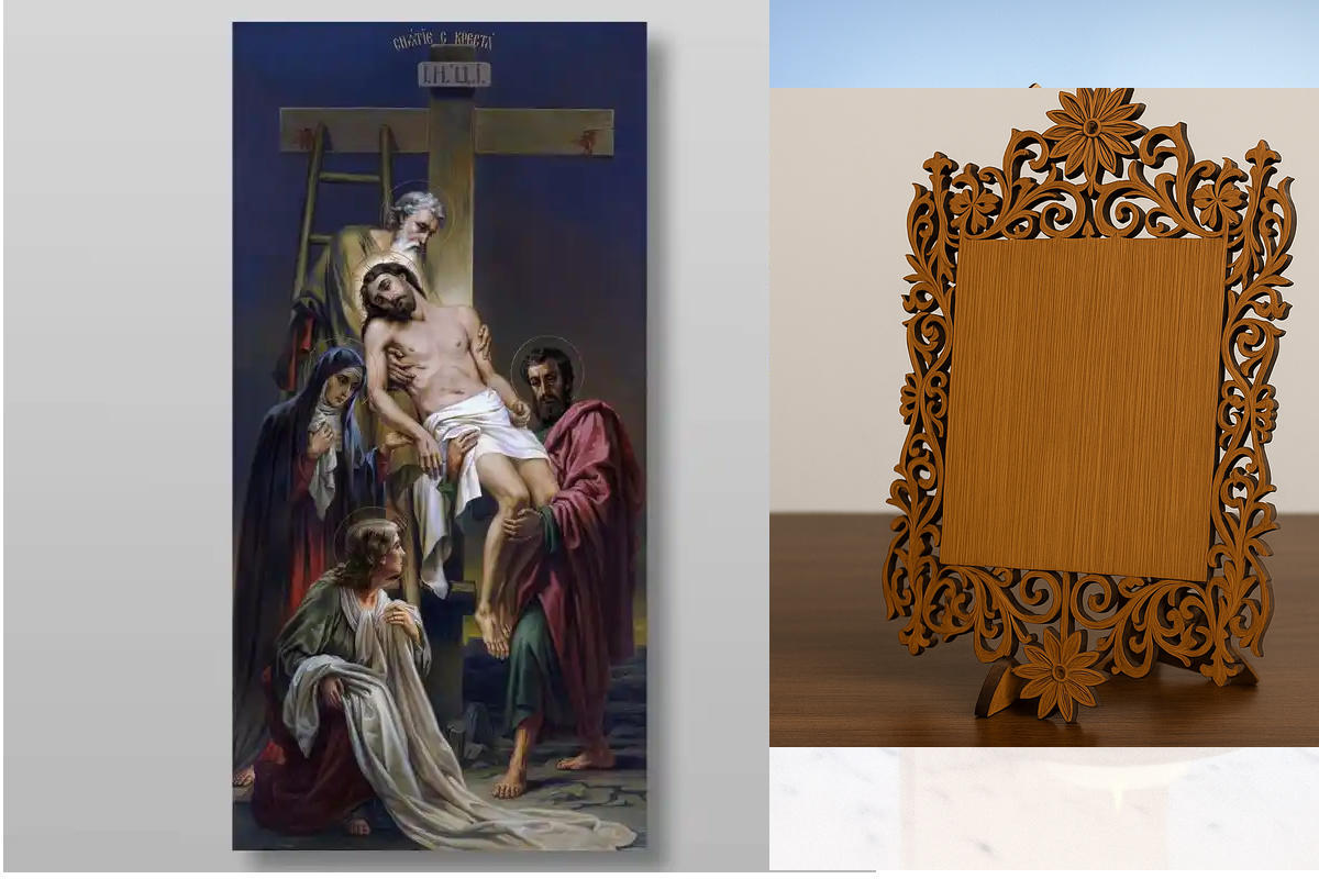 Εικόνα Ορθοδοξίας Δαντέλα μαζι με  Βάση σε  8 χρώματα με περίγραμμα χρυσό σε ξύλο Plywood (Πλακάζ)   με  βάση Κάθοδος από τον Σταυρό Χειροποίητη Ελληνορθόδοξη , Κρεμαστή πλάκα βυζαντινής τέχνης, χριστιανική τέχνη Διάσταση 40x30 cm (15,8 x 11,8 ίντσες) INT