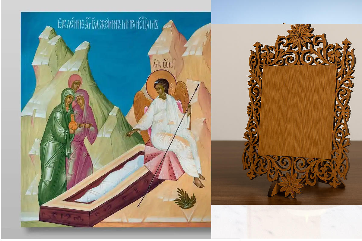 Εικόνα Ορθοδοξίας Δαντέλα μαζι με  Βάση σε  8 χρώματα με περίγραμμα χρυσό σε ξύλο Plywood (Πλακάζ)   με  βάση Εμφάνιση Αγγέλου στις Μυροφόρες Συζύγους Χειροποίητη Ελληνορθόδοξη , Κρεμαστή πλάκα βυζαντινής τέχνης, χριστιανική τέχνη Διάσταση 40x30 cm (15,8