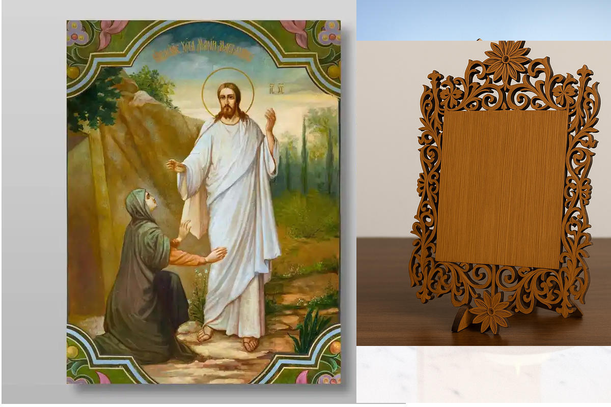 Εικόνα Ορθοδοξίας Δαντέλα μαζι με  Βάση σε  8 χρώματα με περίγραμμα χρυσό σε ξύλο Plywood (Πλακάζ)   με  βάση Εμφάνιση του Χριστού στη Μαρία τη Μαγδαληνή Χειροποίητη Ελληνορθόδοξη , Κρεμαστή πλάκα βυζαντινής τέχνης, χριστιανική τέχνη Διάσταση 40x30 cm (15