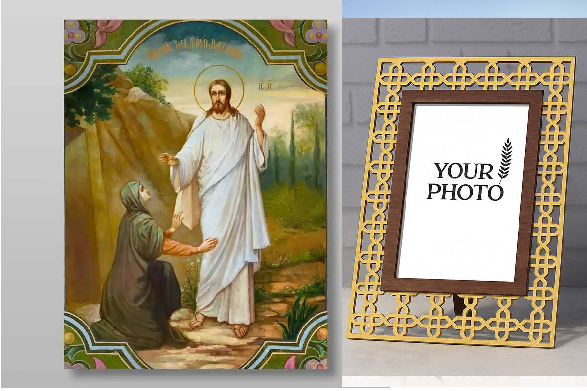 Εικόνα Ορθοδοξίας Πολυτελείας  με  σχεδιο Σταυρούς μαζι με  Βάση σε  8 χρώματα με περίγραμμα χρυσό σε ξύλο Plywood (Πλακάζ)   με  βάση Εμφάνιση του Χριστού στη Μαρία τη Μαγδαληνή Χειροποίητη Ελληνορθόδοξη , Κρεμαστή πλάκα βυζαντινής τέχνης, χριστιανική τέ