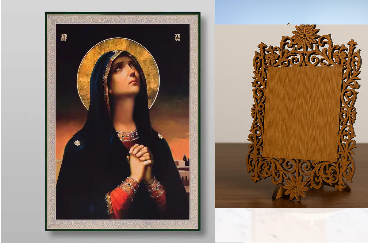 Εικόνα Ορθοδοξίας Δαντέλα μαζι με  Βάση σε  8 χρώματα με περίγραμμα χρυσό σε ξύλο Plywood (Πλακάζ)   με  βάση Η Παναγία των Κλαίνων Χειροποίητη Ελληνορθόδοξη , Κρεμαστή πλάκα βυζαντινής τέχνης, χριστιανική τέχνη Διάσταση 40x30 cm (15,8 x 11,8 ίντσες) INTR