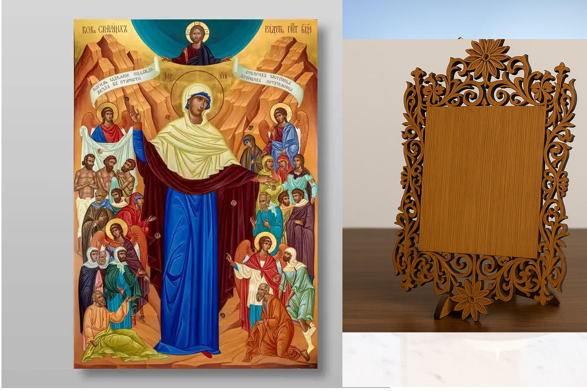 Εικόνα Ορθοδοξίας Δαντέλα μαζι με  Βάση σε  8 χρώματα με περίγραμμα χρυσό σε ξύλο Plywood (Πλακάζ)   με  βάση The Mother of God Joy of All Who Sorrow Χειροποίητη Ελληνορθόδοξη , Κρεμαστή πλάκα βυζαντινής τέχνης, χριστιανική τέχνη Διάσταση 50x40 cm (19,7 x