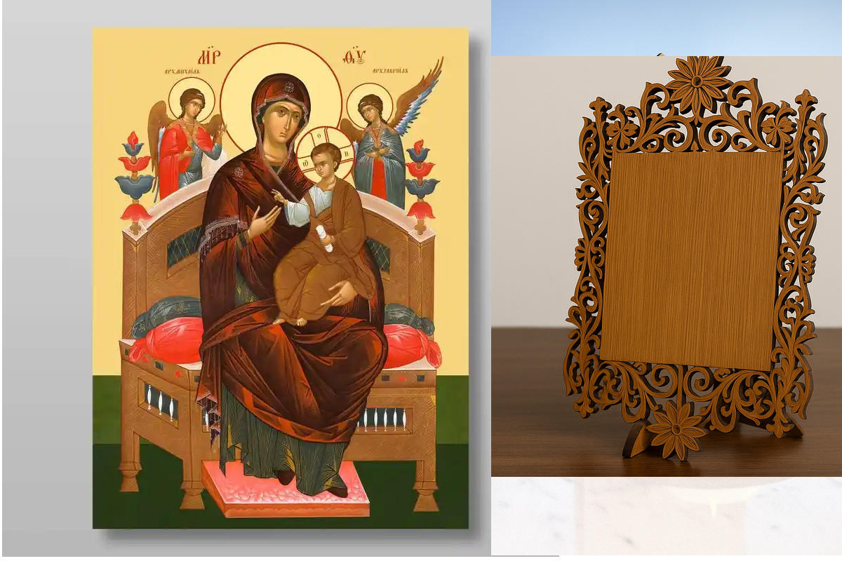 Εικόνα Ορθοδοξίας Δαντέλα μαζι με  Βάση σε  8 χρώματα με περίγραμμα χρυσό σε ξύλο Plywood (Πλακάζ)   με  βάση The Mother of God Queen of All, Pantanassa Χειροποίητη Ελληνορθόδοξη , Κρεμαστή πλάκα βυζαντινής τέχνης, χριστιανική τέχνη Διάσταση 10x7 cm (3,9