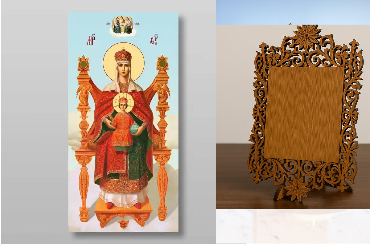 Εικόνα Ορθοδοξίας Δαντέλα μαζι με  Βάση σε  8 χρώματα με περίγραμμα χρυσό σε ξύλο Plywood (Πλακάζ)   με  βάση Εικόνα της Θεοτόκου της βασιλεύουσας Χειροποίητη Ελληνορθόδοξη , Κρεμαστή πλάκα βυζαντινής τέχνης, χριστιανική τέχνη Διάσταση 50x40 cm (19,7 x 15