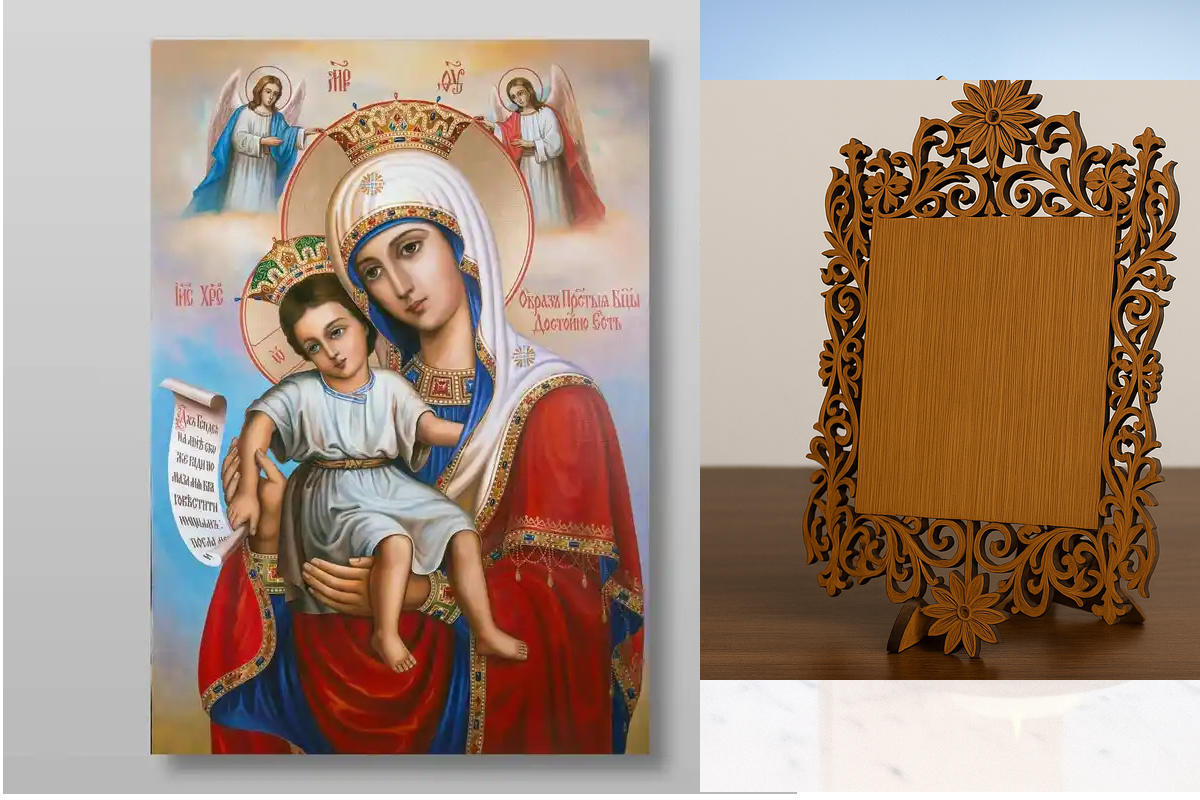 Εικόνα Ορθοδοξίας Δαντέλα μαζι με  Βάση σε  8 χρώματα με περίγραμμα χρυσό σε ξύλο Plywood (Πλακάζ)   με  βάση Εικόνα της Μητέρας του Θεού It is Truly Meet Χειροποίητη Ελληνορθόδοξη , Κρεμαστή πλάκα βυζαντινής τέχνης, χριστιανική τέχνη Διάσταση 50x40 cm (1