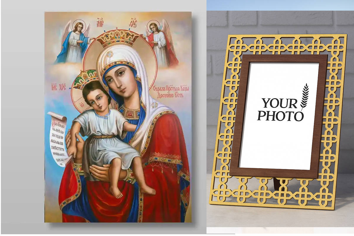 Σετ 2 τεμαχίων – Εικόνα Ορθοδοξίας Πολυτελείας  με  σχεδιο Σταυρούς μαζι με  Βάση σε  8 χρώματα με περίγραμμα χρυσό σε ξύλο Plywood (Πλακάζ)   με  βάση Εικόνα της Μητέρας του Θεού It is Truly Meet Χειροποίητη Ελληνορθόδοξη , Κρεμαστή πλάκα βυζαντινής τέχν