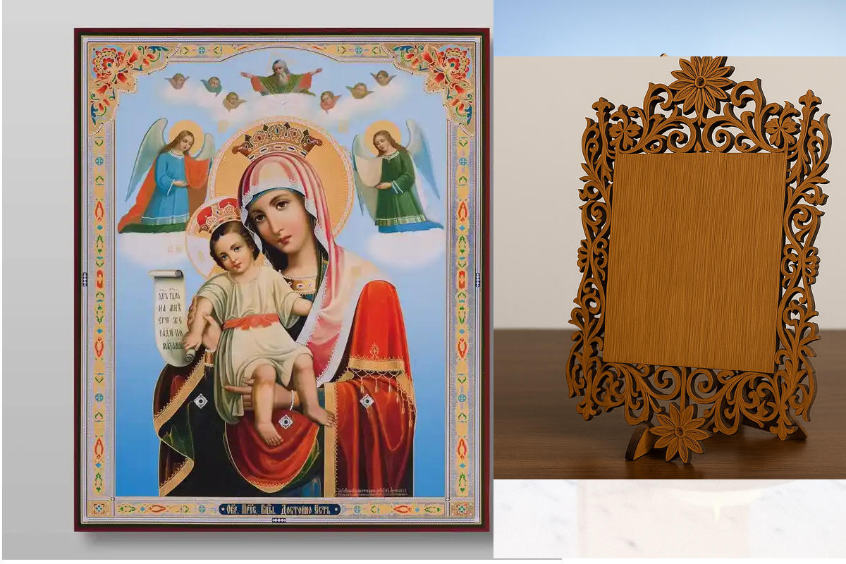 Εικόνα Ορθοδοξίας Δαντέλα μαζι με  Βάση σε  8 χρώματα με περίγραμμα χρυσό σε ξύλο Plywood (Πλακάζ)   με  βάση Εικόνα της Μητέρας του Θεού It is Truly Meet Χειροποίητη Ελληνορθόδοξη , Κρεμαστή πλάκα βυζαντινής τέχνης, χριστιανική τέχνη Διάσταση 10x7 cm (3,