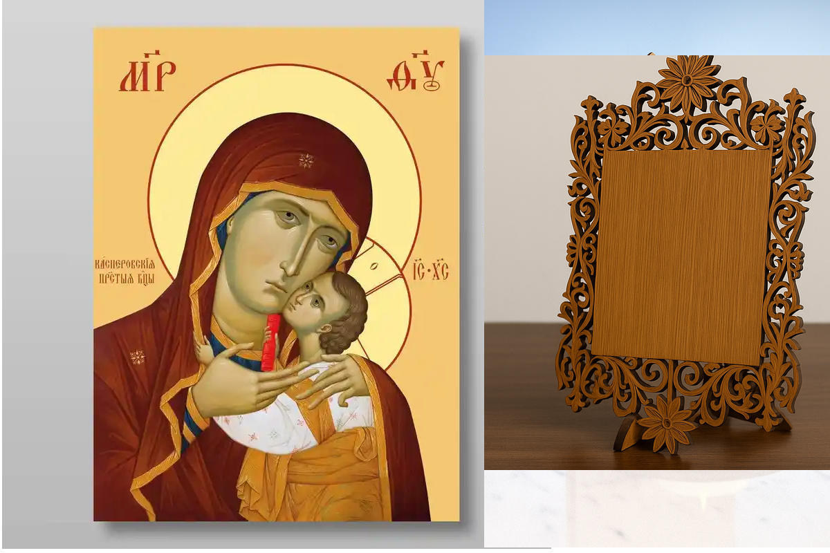Εικόνα Ορθοδοξίας Δαντέλα μαζι με  Βάση σε  8 χρώματα με περίγραμμα χρυσό σε ξύλο Plywood (Πλακάζ)   με  βάση Kasperovskaya Εικόνα της Μητέρας του Θεού Χειροποίητη Ελληνορθόδοξη , Κρεμαστή πλάκα βυζαντινής τέχνης, χριστιανική τέχνη Διάσταση 50x40 cm (19,7