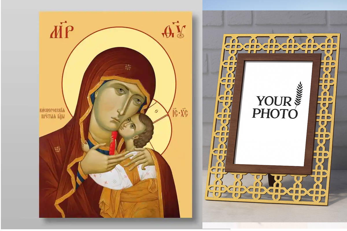 Εικόνα Ορθοδοξίας Πολυτελείας  με  σχεδιο Σταυρούς μαζι με  Βάση σε  8 χρώματα με περίγραμμα χρυσό σε ξύλο Plywood (Πλακάζ)   με  βάση Kasperovskaya Εικόνα της Μητέρας του Θεού Χειροποίητη Ελληνορθόδοξη , Κρεμαστή πλάκα βυζαντινής τέχνης, χριστιανική τέχν