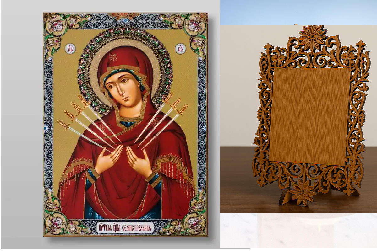 Εικόνα Ορθοδοξίας Δαντέλα μαζι με  Βάση σε  8 χρώματα με περίγραμμα χρυσό σε ξύλο Plywood (Πλακάζ)   με  βάση Επτά Βέλη Εικόνα της Μητέρας του Θεού Χειροποίητη Ελληνορθόδοξη , Κρεμαστή πλάκα βυζαντινής τέχνης, χριστιανική τέχνη Διάσταση 10x7 cm (3,9 x 2,8