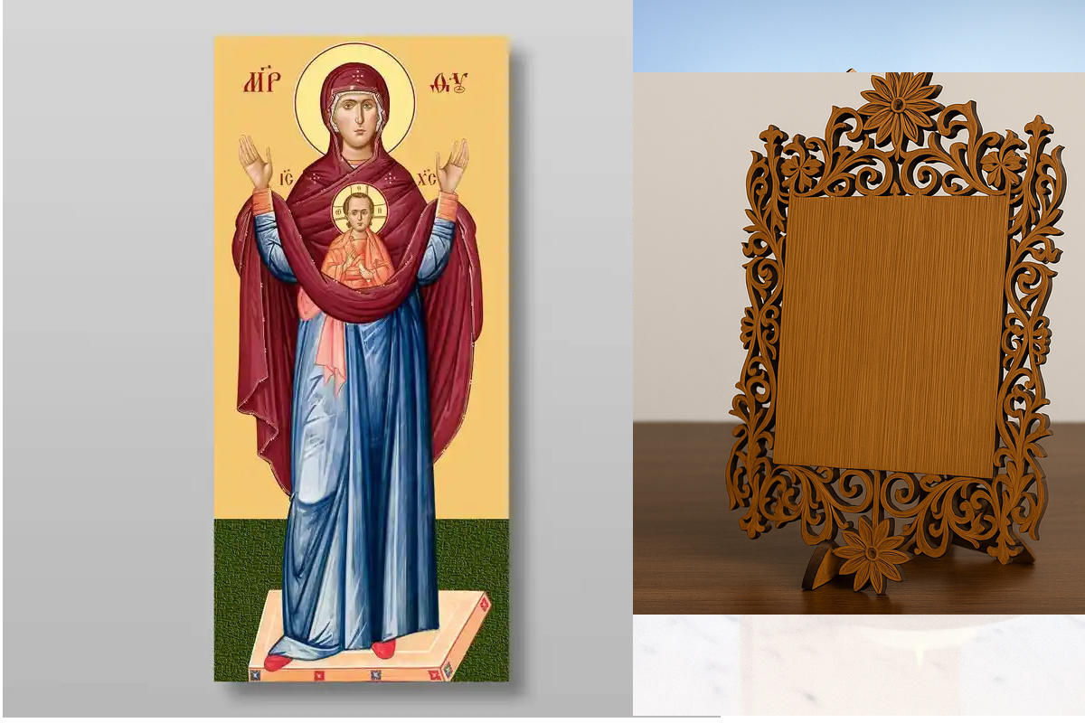 Εικόνα Ορθοδοξίας Δαντέλα μαζι με  Βάση σε  8 χρώματα με περίγραμμα χρυσό σε ξύλο Plywood (Πλακάζ)   με  βάση Εικόνα της Μητέρας του Θεού, του Σημαδίου Χειροποίητη Ελληνορθόδοξη , Κρεμαστή πλάκα βυζαντινής τέχνης, χριστιανική τέχνη Διάσταση 50x40 cm (19,7