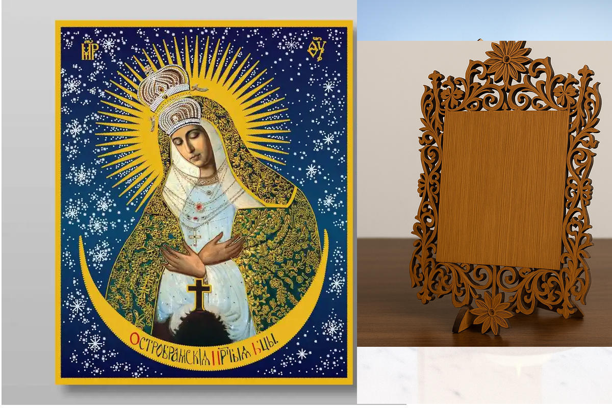 Εικόνα Ορθοδοξίας Δαντέλα μαζι με  Βάση σε  8 χρώματα με περίγραμμα χρυσό σε ξύλο Plywood (Πλακάζ)   με  βάση Ostra Brama Εικόνα της Μητέρας του Θεού Χειροποίητη Ελληνορθόδοξη , Κρεμαστή πλάκα βυζαντινής τέχνης, χριστιανική τέχνη Διάσταση 10x7 cm (3,9 x 2