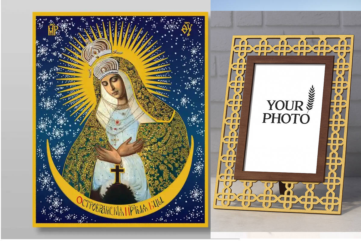 Σετ 2 τεμαχίων – Εικόνα Ορθοδοξίας Πολυτελείας  με  σχεδιο Σταυρούς μαζι με  Βάση σε  8 χρώματα με περίγραμμα χρυσό σε ξύλο Plywood (Πλακάζ)   με  βάση Ostra Brama Εικόνα της Μητέρας του Θεού Χειροποίητη Ελληνορθόδοξη , Κρεμαστή πλάκα βυζαντινής τέχνης, χ