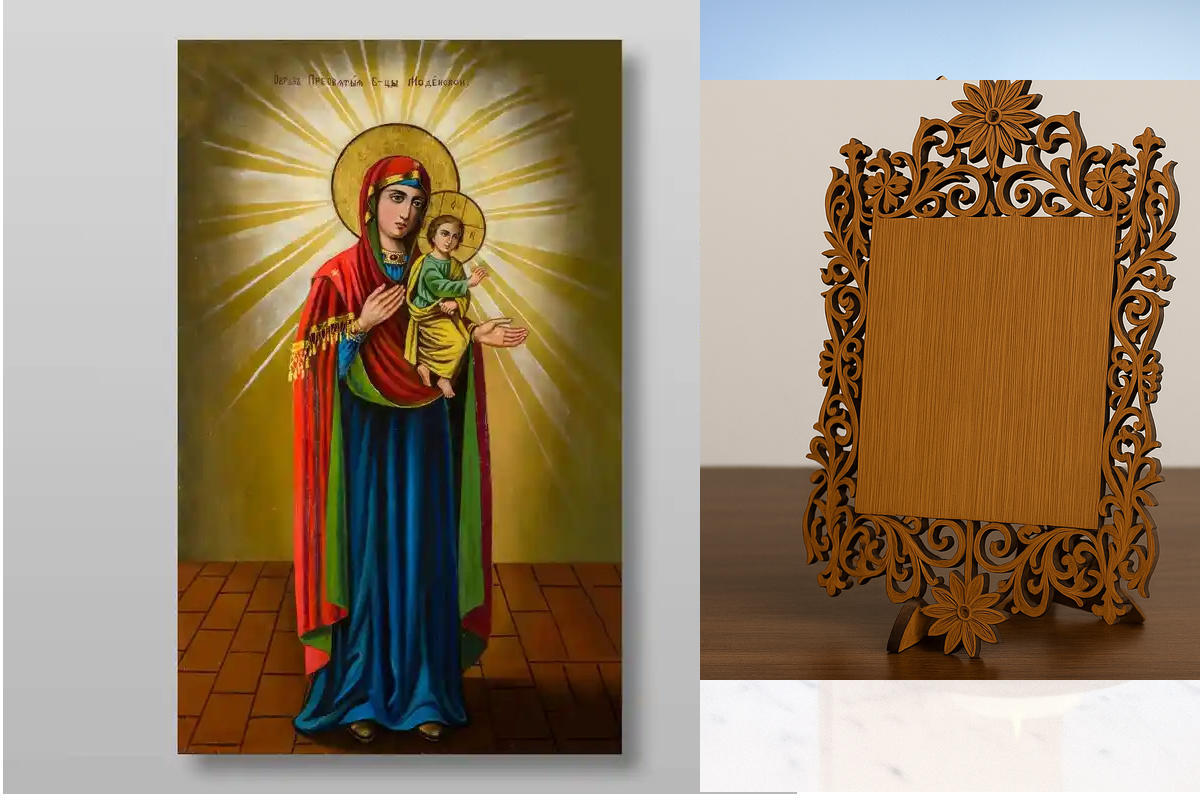 Σετ 2 τεμαχίων – Εικόνα Ορθοδοξίας Δαντέλα μαζι με  Βάση σε  8 χρώματα με περίγραμμα χρυσό σε ξύλο Plywood (Πλακάζ)   με  βάση Modena Εικόνα της Μητέρας του Θεού Χειροποίητη Ελληνορθόδοξη , Κρεμαστή πλάκα βυζαντινής τέχνης, χριστιανική τέχνη Διάσταση 21x1