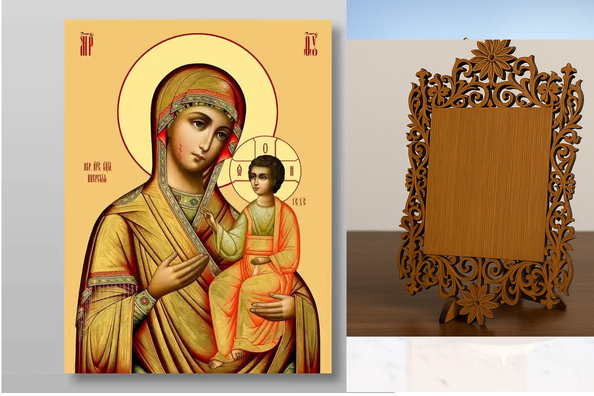 Εικόνα Ορθοδοξίας Δαντέλα μαζι με  Βάση σε  8 χρώματα με περίγραμμα χρυσό σε ξύλο Plywood (Πλακάζ)   με  βάση Εικόνα της Θεοτόκου Ιβήρων Χειροποίητη Ελληνορθόδοξη , Κρεμαστή πλάκα βυζαντινής τέχνης, χριστιανική τέχνη Διάσταση 50x40 cm (19,7 x 15,8 ίντσες)