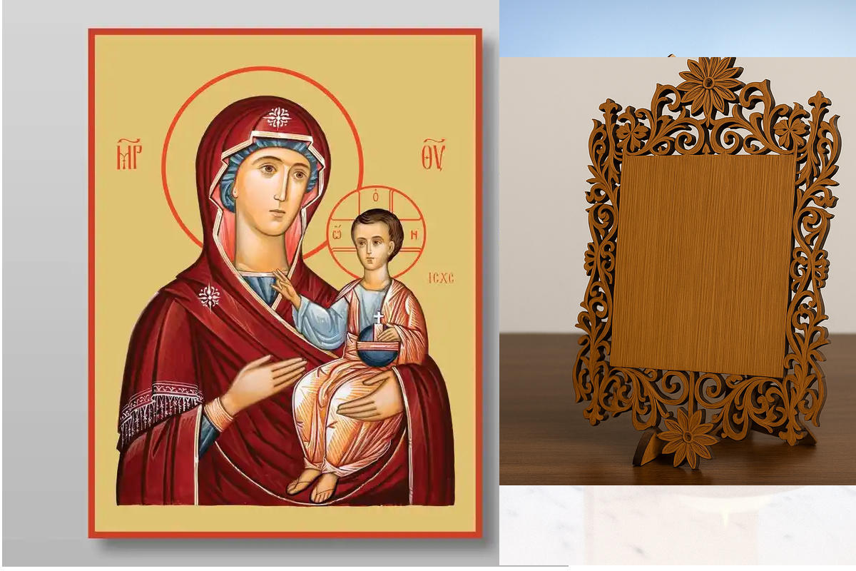 Εικόνα Ορθοδοξίας Δαντέλα μαζι με  Βάση σε  8 χρώματα με περίγραμμα χρυσό σε ξύλο Plywood (Πλακάζ)   με  βάση Εικόνα της Θεοτόκου της Ιερουσαλήμ Χειροποίητη Ελληνορθόδοξη , Κρεμαστή πλάκα βυζαντινής τέχνης, χριστιανική τέχνη Διάσταση 10x7 cm (3,9 x 2,8 ίν