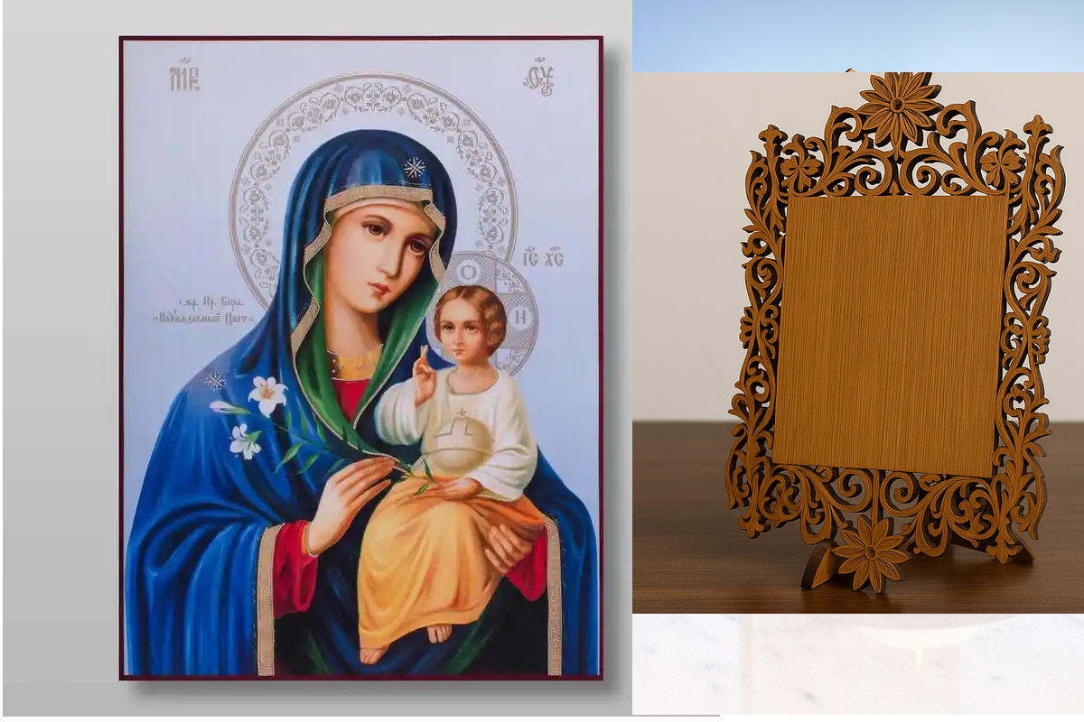Εικόνα Ορθοδοξίας Δαντέλα μαζι με  Βάση σε  8 χρώματα με περίγραμμα χρυσό σε ξύλο Plywood (Πλακάζ)   με  βάση Unfading Flower Icon of the Mother of God Χειροποίητη Ελληνορθόδοξη , Κρεμαστή πλάκα βυζαντινής τέχνης, χριστιανική τέχνη Διάσταση 40x30 cm (15,8