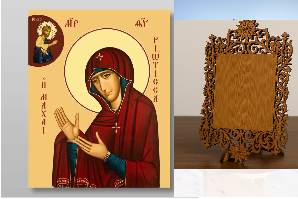 Εικόνα Ορθοδοξίας Δαντέλα μαζι με  Βάση σε  8 χρώματα με περίγραμμα χρυσό σε ξύλο Plywood (Πλακάζ)   με  βάση Μαχαίρι (Μαχαιριώτισσα) Εικόνα της Θεοτόκου Χειροποίητη Ελληνορθόδοξη , Κρεμαστή πλάκα βυζαντινής τέχνης, χριστιανική τέχνη Διάσταση 50x40 cm (19