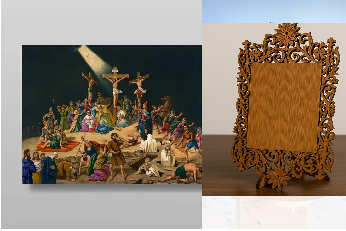 Εικόνα Ορθοδοξίας Δαντέλα μαζι με  Βάση σε  8 χρώματα με περίγραμμα χρυσό σε ξύλο Plywood (Πλακάζ)   με  βάση Ο Ιησούς πεθαίνει στον Σταυρό Χειροποίητη Ελληνορθόδοξη , Κρεμαστή πλάκα βυζαντινής τέχνης, χριστιανική τέχνη Διάσταση 40x30 cm (15,8 x 11,8 ίντσ