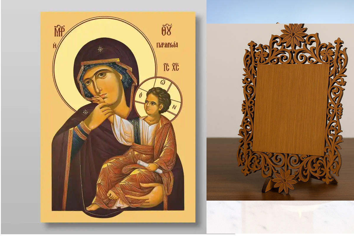 Εικόνα Ορθοδοξίας Δαντέλα μαζι με  Βάση σε  8 χρώματα με περίγραμμα χρυσό σε ξύλο Plywood (Πλακάζ)   με  βάση Εικόνα χαράς και παρηγοριάς της Θεοτόκου Χειροποίητη Ελληνορθόδοξη , Κρεμαστή πλάκα βυζαντινής τέχνης, χριστιανική τέχνη Διάσταση 10x7 cm (3,9 x