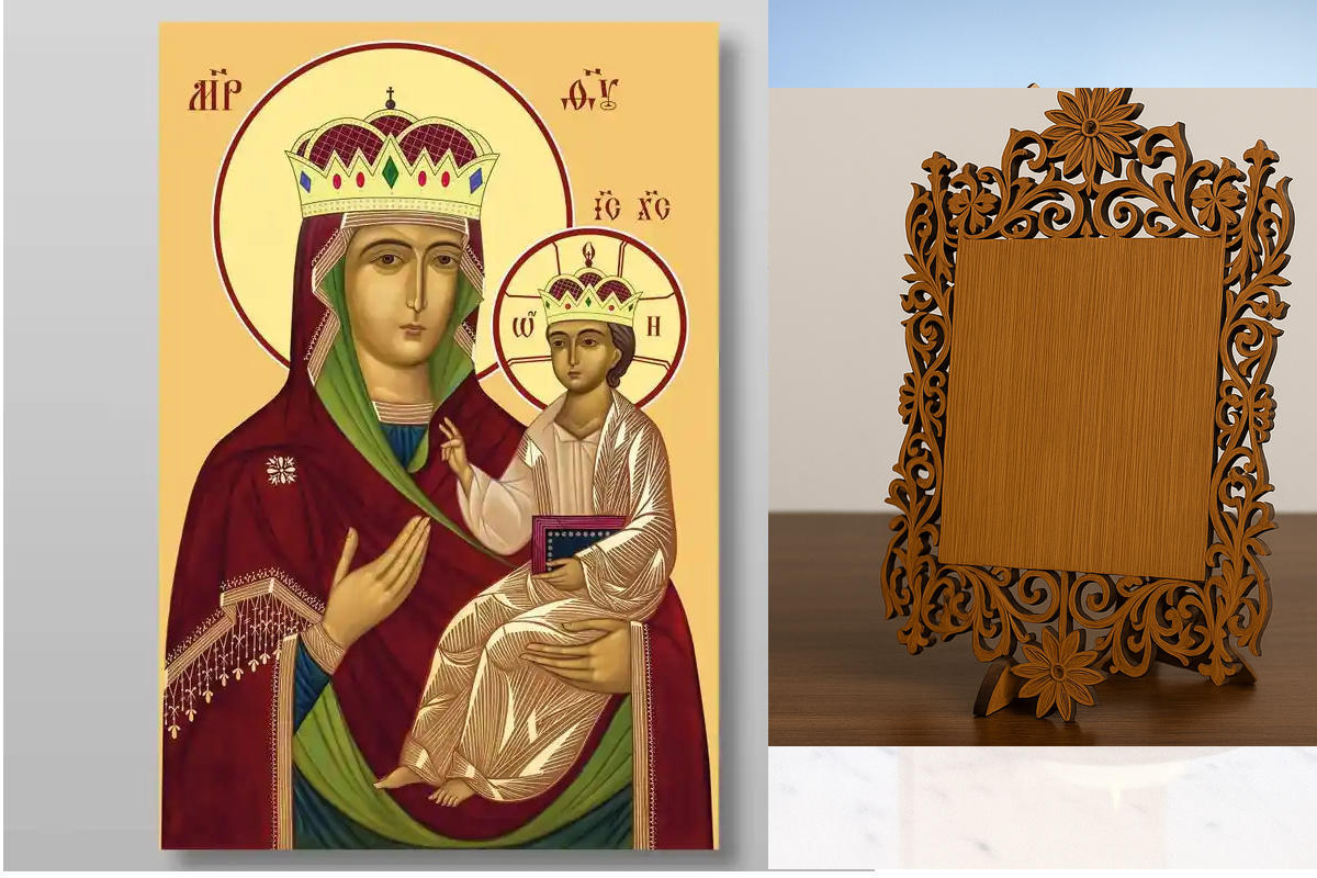 Εικόνα Ορθοδοξίας Δαντέλα μαζι με  Βάση σε  8 χρώματα με περίγραμμα χρυσό σε ξύλο Plywood (Πλακάζ)   με  βάση Krupetskaya Εικόνα της Μητέρας του Θεού Χειροποίητη Ελληνορθόδοξη , Κρεμαστή πλάκα βυζαντινής τέχνης, χριστιανική τέχνη Διάσταση 50x40 cm (19,7 x