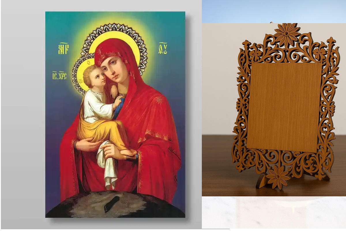 Εικόνα Ορθοδοξίας Δαντέλα μαζι με  Βάση σε  8 χρώματα με περίγραμμα χρυσό σε ξύλο Plywood (Πλακάζ)   με  βάση Pochaevskaya Εικόνα της Μητέρας του Θεού Χειροποίητη Ελληνορθόδοξη , Κρεμαστή πλάκα βυζαντινής τέχνης, χριστιανική τέχνη Διάσταση 10x7 cm (3,9 x