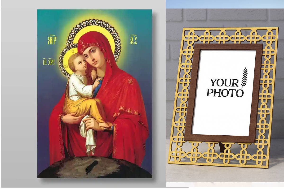 Εικόνα Ορθοδοξίας Πολυτελείας  με  σχεδιο Σταυρούς μαζι με  Βάση σε  8 χρώματα με περίγραμμα χρυσό σε ξύλο Plywood (Πλακάζ)   με  βάση Pochaevskaya Εικόνα της Μητέρας του Θεού Χειροποίητη Ελληνορθόδοξη , Κρεμαστή πλάκα βυζαντινής τέχνης, χριστιανική τέχνη