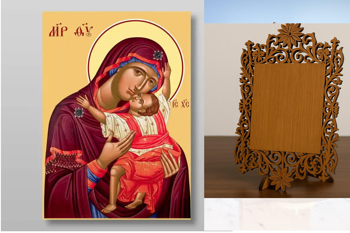 Εικόνα Ορθοδοξίας Δαντέλα μαζι με  Βάση σε  8 χρώματα με περίγραμμα χρυσό σε ξύλο Plywood (Πλακάζ)   με  βάση Εικόνα της Θεοτόκου Χειροποίητη Ελληνορθόδοξη , Κρεμαστή πλάκα βυζαντινής τέχνης, χριστιανική τέχνη Διάσταση 10x7 cm (3,9 x 2,8 ίντσες) INTRAEKka