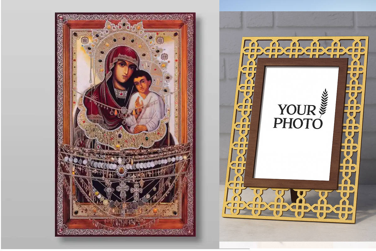 Εικόνα Ορθοδοξίας Πολυτελείας  με  σχεδιο Σταυρούς μαζι με  Βάση σε  8 χρώματα με περίγραμμα χρυσό σε ξύλο Plywood (Πλακάζ)   με  βάση Svyatogorskaya Εικόνα της Μητέρας του Θεού Χειροποίητη Ελληνορθόδοξη , Κρεμαστή πλάκα βυζαντινής τέχνης, χριστιανική τέχ