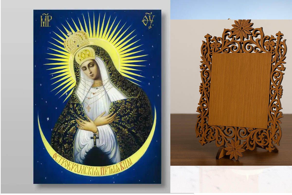Εικόνα Ορθοδοξίας Δαντέλα μαζι με  Βάση σε  8 χρώματα με περίγραμμα χρυσό σε ξύλο Plywood (Πλακάζ)   με  βάση Ostra Brama Εικόνα της Μητέρας του Θεού Χειροποίητη Ελληνορθόδοξη , Κρεμαστή πλάκα βυζαντινής τέχνης, χριστιανική τέχνη Διάσταση 10x7 cm (3,9 x 2