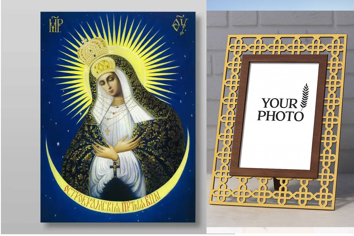 Εικόνα Ορθοδοξίας Πολυτελείας  με  σχεδιο Σταυρούς μαζι με  Βάση σε  8 χρώματα με περίγραμμα χρυσό σε ξύλο Plywood (Πλακάζ)   με  βάση Ostra Brama Εικόνα της Μητέρας του Θεού Χειροποίητη Ελληνορθόδοξη , Κρεμαστή πλάκα βυζαντινής τέχνης, χριστιανική τέχνη