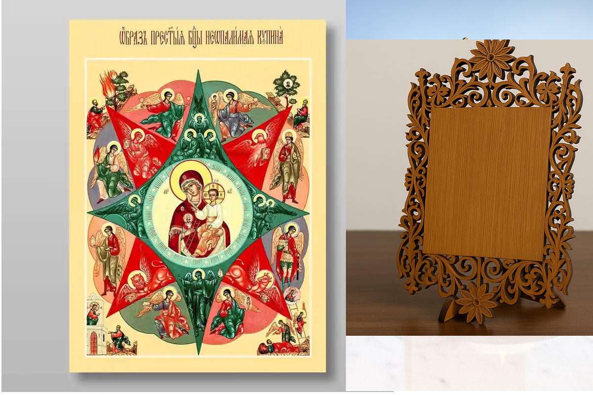 Σετ 2 τεμαχίων – Εικόνα Ορθοδοξίας Δαντέλα μαζι με  Βάση σε  8 χρώματα με περίγραμμα χρυσό σε ξύλο Plywood (Πλακάζ)   με  βάση Το Burning Bush Icon of the Mother of God Χειροποίητη Ελληνορθόδοξη , Κρεμαστή πλάκα βυζαντινής τέχνης, χριστιανική τέχνη Διάστα