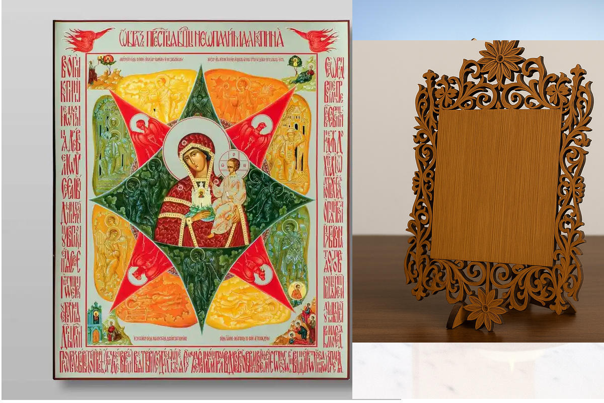 Εικόνα Ορθοδοξίας Δαντέλα μαζι με  Βάση σε  8 χρώματα με περίγραμμα χρυσό σε ξύλο Plywood (Πλακάζ)   με  βάση Το Burning Bush Icon of the Mother of God Χειροποίητη Ελληνορθόδοξη , Κρεμαστή πλάκα βυζαντινής τέχνης, χριστιανική τέχνη Διάσταση 10x7 cm (3,9 x