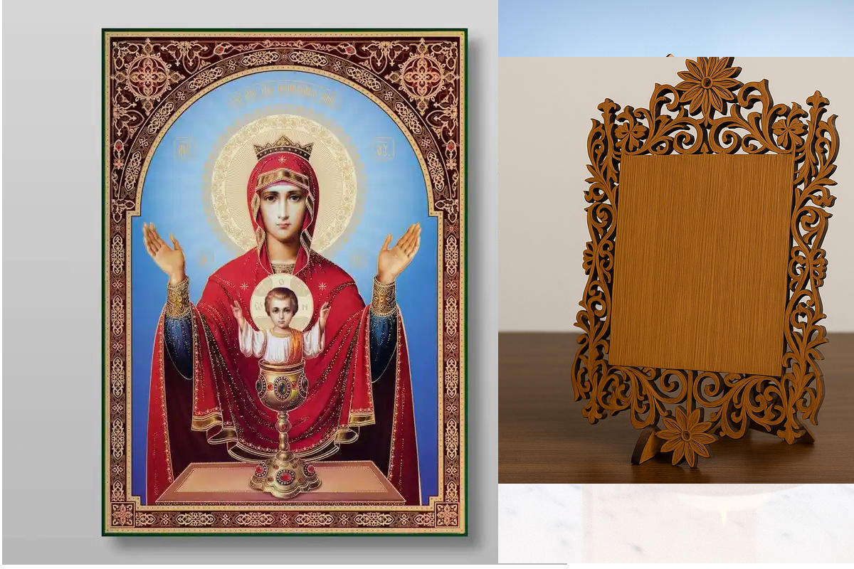 Εικόνα Ορθοδοξίας Δαντέλα μαζι με  Βάση σε  8 χρώματα με περίγραμμα χρυσό σε ξύλο Plywood (Πλακάζ)   με  βάση Ανεξάντλητο Κύπελλο Εικόνα της Θεοτόκου Χειροποίητη Ελληνορθόδοξη , Κρεμαστή πλάκα βυζαντινής τέχνης, χριστιανική τέχνη Διάσταση 40x30 cm (15,8 x