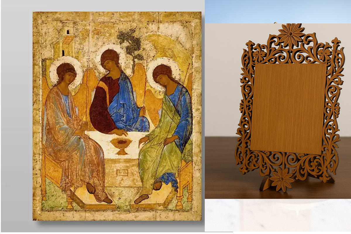 Εικόνα Ορθοδοξίας Δαντέλα μαζι με  Βάση σε  8 χρώματα με περίγραμμα χρυσό σε ξύλο Plywood (Πλακάζ)   με  βάση Η Αγία Τριάδα Andrei Rublev Χειροποίητη Ελληνορθόδοξη , Κρεμαστή πλάκα βυζαντινής τέχνης, χριστιανική τέχνη Διάσταση 10x7 cm (3,9 x 2,8 ίντσες) I