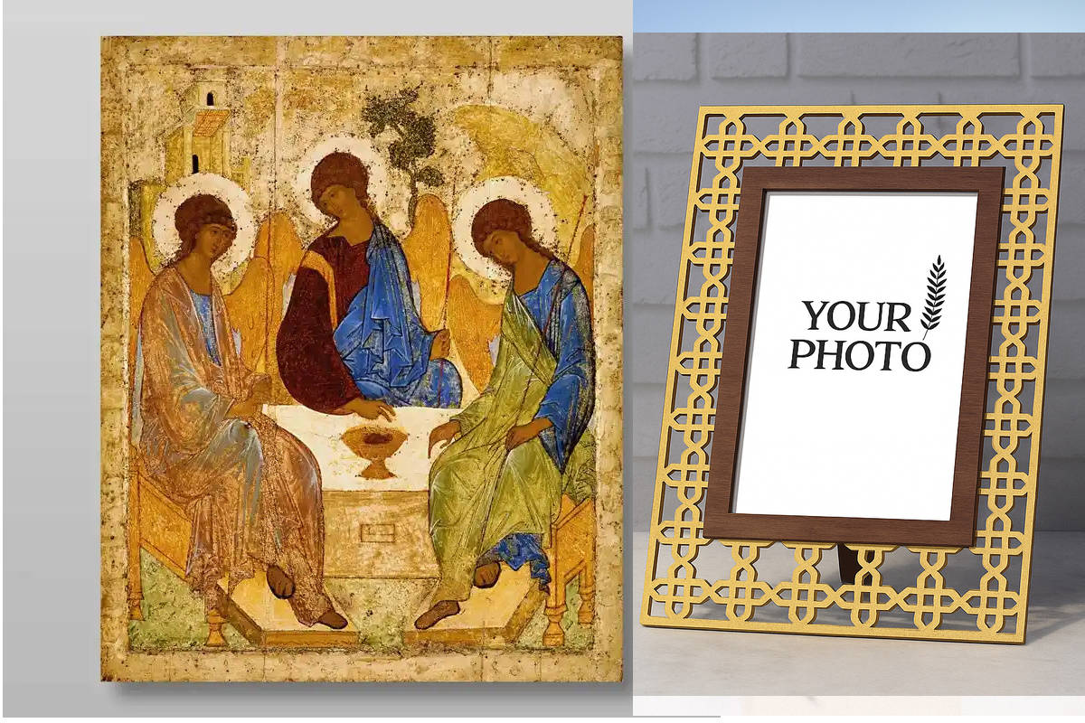 Εικόνα Ορθοδοξίας Πολυτελείας  με  σχεδιο Σταυρούς μαζι με  Βάση σε  8 χρώματα με περίγραμμα χρυσό σε ξύλο Plywood (Πλακάζ)   με  βάση Η Αγία Τριάδα Andrei Rublev Χειροποίητη Ελληνορθόδοξη , Κρεμαστή πλάκα βυζαντινής τέχνης, χριστιανική τέχνη Διάσταση 50x