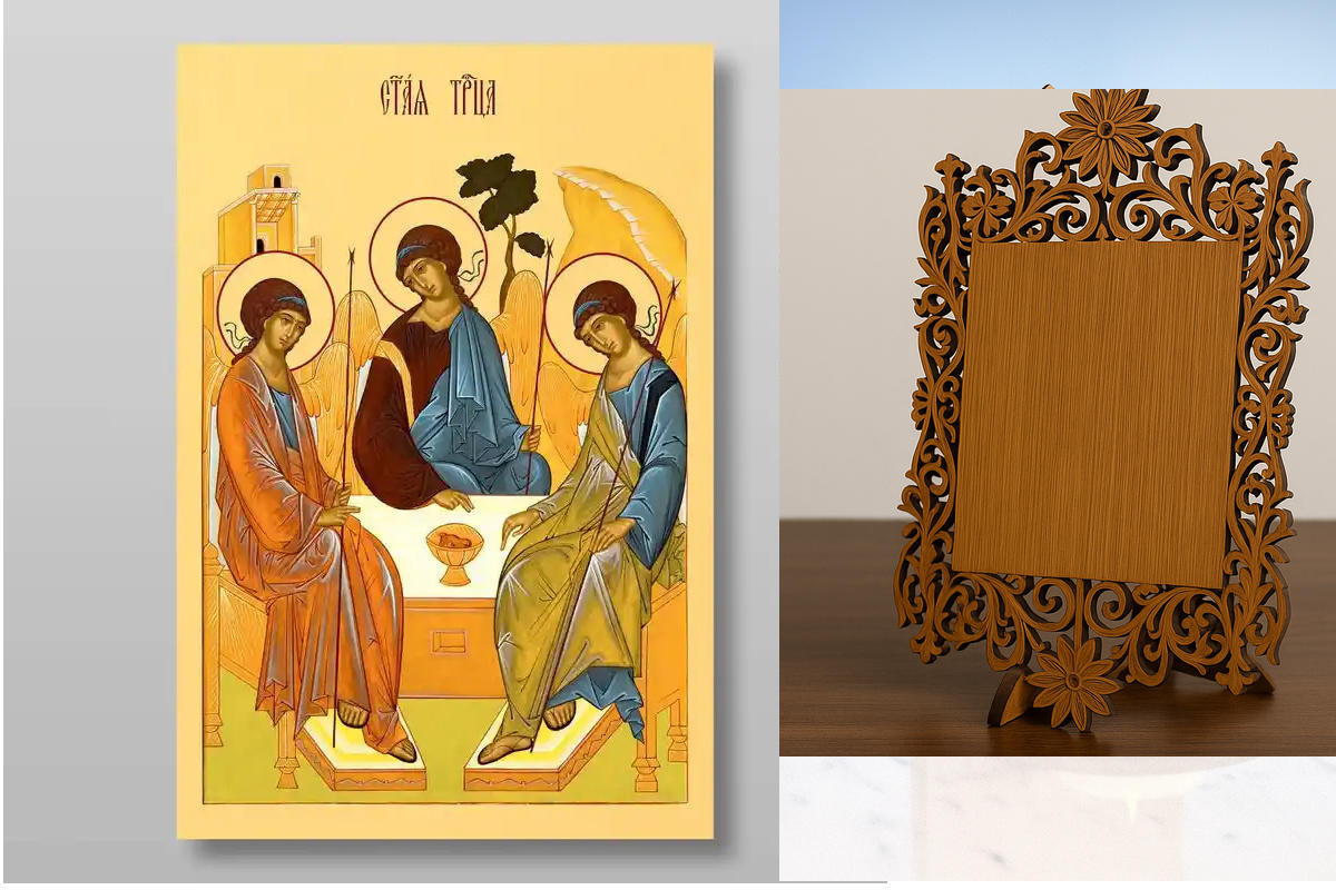 Σετ 2 τεμαχίων – Εικόνα Ορθοδοξίας Δαντέλα μαζι με  Βάση σε  8 χρώματα με περίγραμμα χρυσό σε ξύλο Plywood (Πλακάζ)   με  βάση Η Αγία Τριάδα Χειροποίητη Ελληνορθόδοξη , Κρεμαστή πλάκα βυζαντινής τέχνης, χριστιανική τέχνη Διάσταση 21x15 cm (8,3 x 5,9 ίντσε