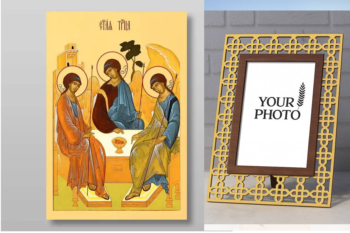 Εικόνα Ορθοδοξίας Πολυτελείας  με  σχεδιο Σταυρούς μαζι με  Βάση σε  8 χρώματα με περίγραμμα χρυσό σε ξύλο Plywood (Πλακάζ)   με  βάση Η Αγία Τριάδα Χειροποίητη Ελληνορθόδοξη , Κρεμαστή πλάκα βυζαντινής τέχνης, χριστιανική τέχνη Διάσταση 10x7 cm (3,9 x 2,