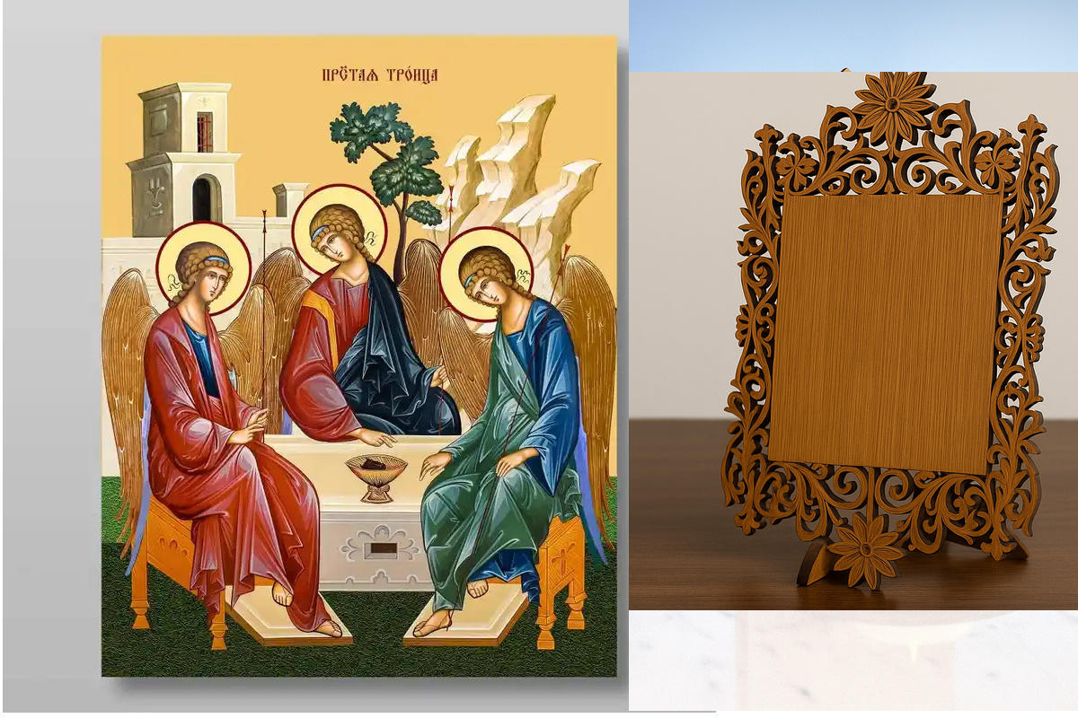 Εικόνα Ορθοδοξίας Δαντέλα μαζι με  Βάση σε  8 χρώματα με περίγραμμα χρυσό σε ξύλο Plywood (Πλακάζ)   με  βάση Η Αγία Τριάδα Χειροποίητη Ελληνορθόδοξη , Κρεμαστή πλάκα βυζαντινής τέχνης, χριστιανική τέχνη Διάσταση 50x40 cm (19,7 x 15,8 ίντσες) INTRAEKkadro