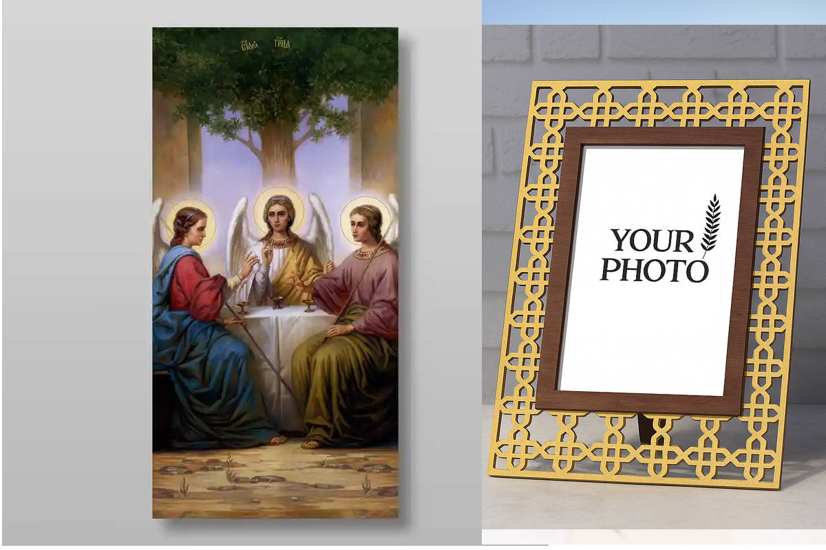 Εικόνα Ορθοδοξίας Πολυτελείας  με  σχεδιο Σταυρούς μαζι με  Βάση σε  8 χρώματα με περίγραμμα χρυσό σε ξύλο Plywood (Πλακάζ)   με  βάση Η Αγία Τριάδα Χειροποίητη Ελληνορθόδοξη , Κρεμαστή πλάκα βυζαντινής τέχνης, χριστιανική τέχνη Διάσταση 50x40 cm (19,7 x