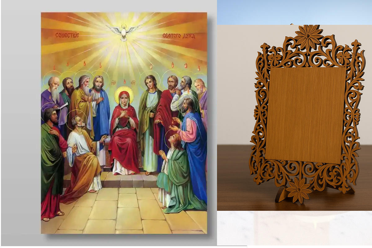 Εικόνα Ορθοδοξίας Δαντέλα μαζι με  Βάση σε  8 χρώματα με περίγραμμα χρυσό σε ξύλο Plywood (Πλακάζ)   με  βάση Κάθοδος του Αγίου Πνεύματος της Πεντηκοστής Χειροποίητη Ελληνορθόδοξη , Κρεμαστή πλάκα βυζαντινής τέχνης, χριστιανική τέχνη Διάσταση 40x30 cm (15