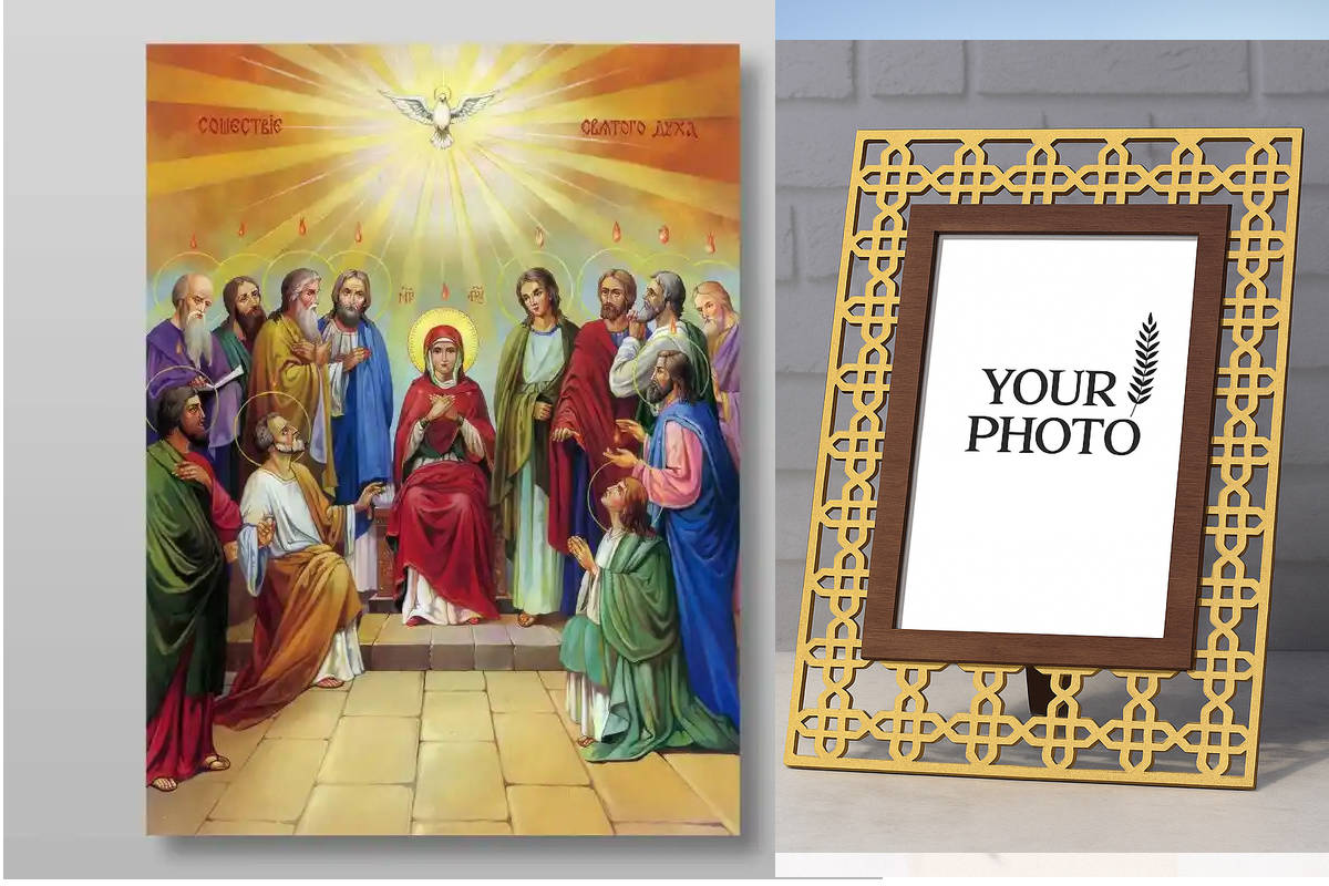 Εικόνα Ορθοδοξίας Πολυτελείας  με  σχεδιο Σταυρούς μαζι με  Βάση σε  8 χρώματα με περίγραμμα χρυσό σε ξύλο Plywood (Πλακάζ)   με  βάση Κάθοδος του Αγίου Πνεύματος της Πεντηκοστής Χειροποίητη Ελληνορθόδοξη , Κρεμαστή πλάκα βυζαντινής τέχνης, χριστιανική τέ