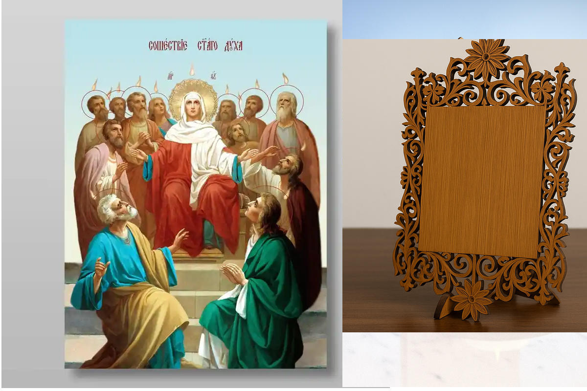 Εικόνα Ορθοδοξίας Δαντέλα μαζι με  Βάση σε  8 χρώματα με περίγραμμα χρυσό σε ξύλο Plywood (Πλακάζ)   με  βάση Κάθοδος του Αγίου Πνεύματος της Πεντηκοστής Χειροποίητη Ελληνορθόδοξη , Κρεμαστή πλάκα βυζαντινής τέχνης, χριστιανική τέχνη Διάσταση 50x40 cm (19