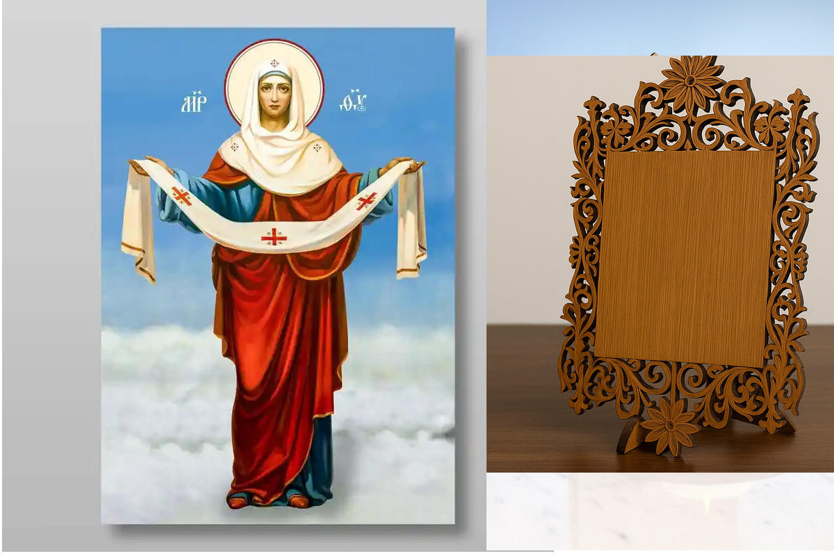 Εικόνα Ορθοδοξίας Δαντέλα μαζι με  Βάση σε  8 χρώματα με περίγραμμα χρυσό σε ξύλο Plywood (Πλακάζ)   με  βάση Pokrov Εικόνα της Μητέρας του Θεού Χειροποίητη Ελληνορθόδοξη , Κρεμαστή πλάκα βυζαντινής τέχνης, χριστιανική τέχνη Διάσταση 50x40 cm (19,7 x 15,8