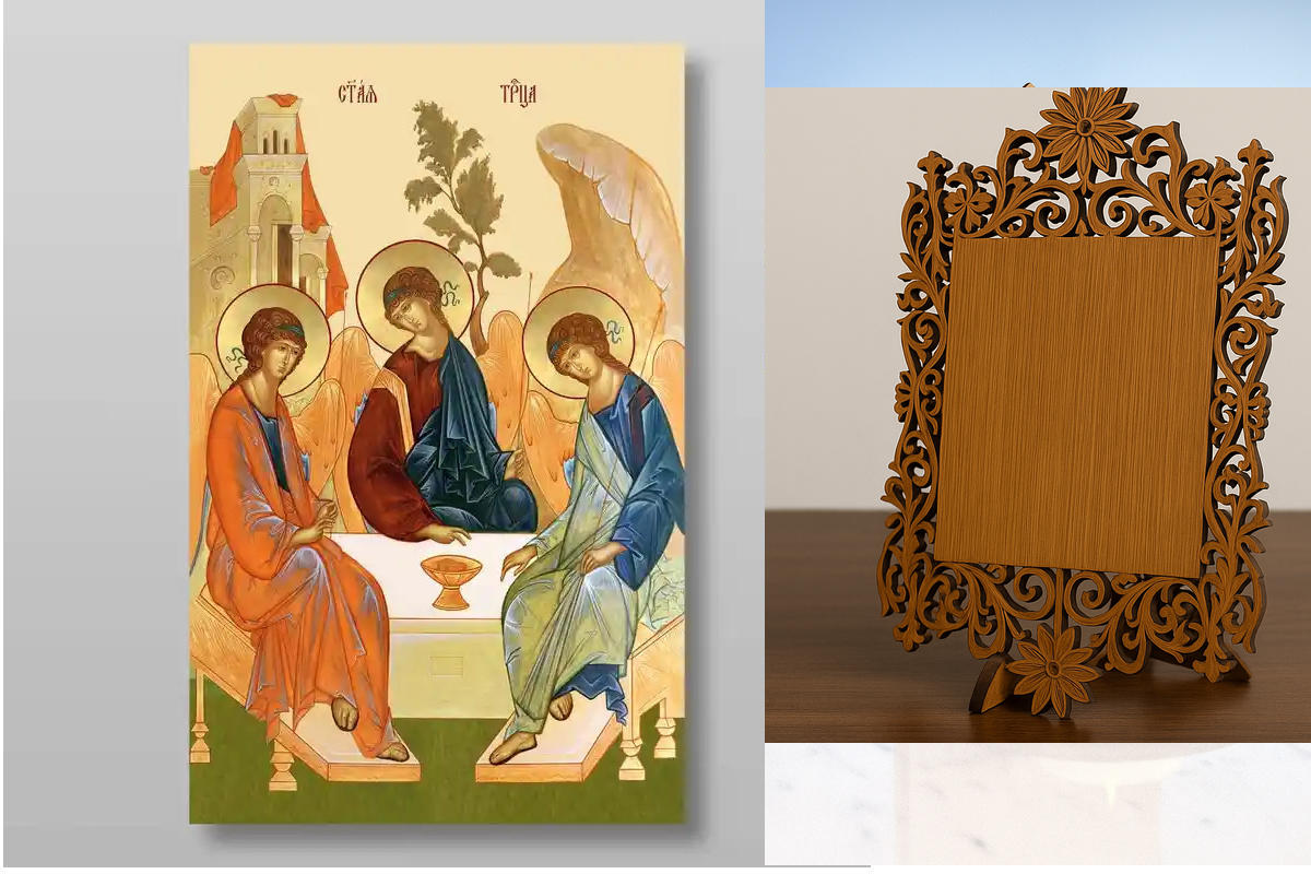 Εικόνα Ορθοδοξίας Δαντέλα μαζι με  Βάση σε  8 χρώματα με περίγραμμα χρυσό σε ξύλο Plywood (Πλακάζ)   με  βάση Η Αγία Τριάδα Χειροποίητη Ελληνορθόδοξη , Κρεμαστή πλάκα βυζαντινής τέχνης, χριστιανική τέχνη Διάσταση 50x40 cm (19,7 x 15,8 ίντσες) INTRAEKkadro