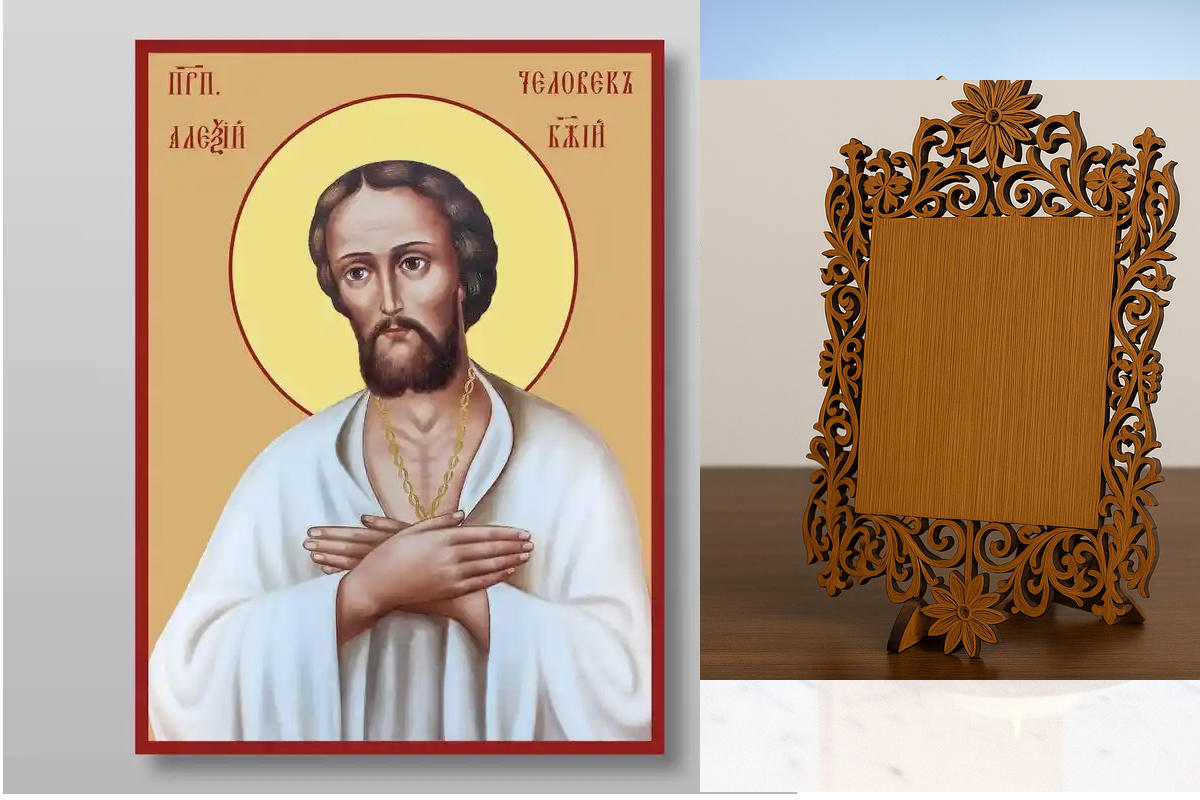 Εικόνα Ορθοδοξίας Δαντέλα μαζι με  Βάση σε  8 χρώματα με περίγραμμα χρυσό σε ξύλο Plywood (Πλακάζ)   με  βάση Αλέξιος ο άνθρωπος του Θεού, άγιος, ευλογημένος, Χειροποίητη Ελληνορθόδοξη , Κρεμαστή πλάκα βυζαντινής τέχνης, χριστιανική τέχνη Διάσταση 40x30 c