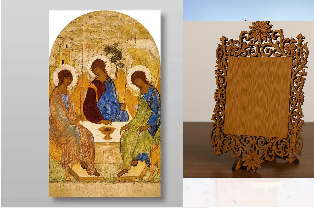 Σετ 2 τεμαχίων – Εικόνα Ορθοδοξίας Δαντέλα μαζι με  Βάση σε  8 χρώματα με περίγραμμα χρυσό σε ξύλο Plywood (Πλακάζ)   με  βάση Η Αγία Τριάδα Andrei Rublev Χειροποίητη Ελληνορθόδοξη , Κρεμαστή πλάκα βυζαντινής τέχνης, χριστιανική τέχνη Διάσταση 26x20 cm (1