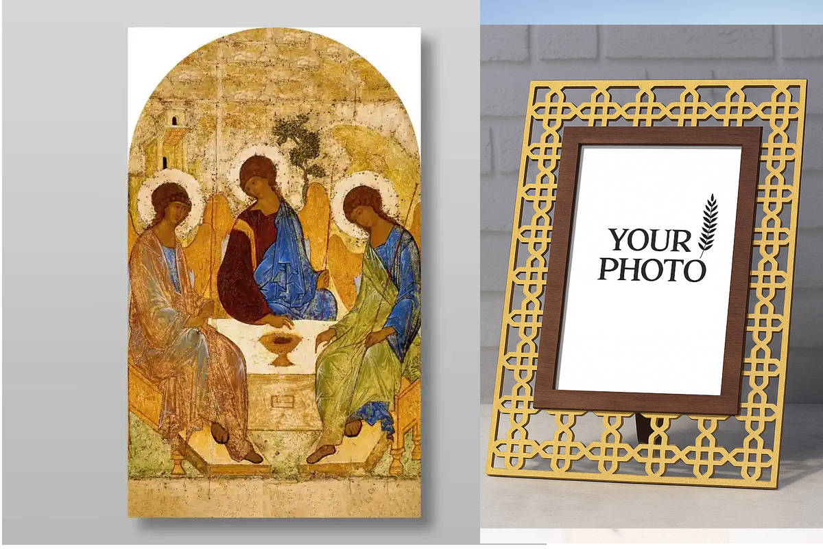 Σετ 2 τεμαχίων – Εικόνα Ορθοδοξίας Πολυτελείας  με  σχεδιο Σταυρούς μαζι με  Βάση σε  8 χρώματα με περίγραμμα χρυσό σε ξύλο Plywood (Πλακάζ)   με  βάση Η Αγία Τριάδα Andrei Rublev Χειροποίητη Ελληνορθόδοξη , Κρεμαστή πλάκα βυζαντινής τέχνης, χριστιανική τ